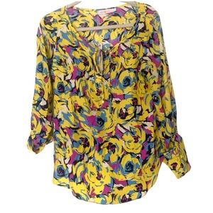 NWT Alice + Trixie Medium Colorful Yellow Abstract Floral Print 100% Silk Blouse